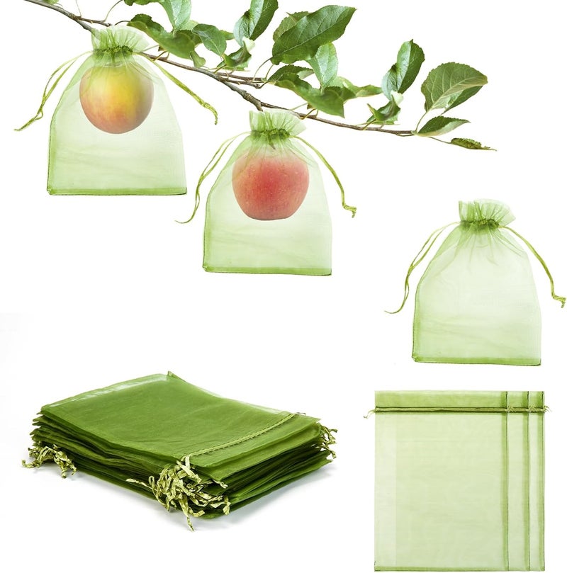 FloraSea 50 PCS 6X9 inches Fruit Protection Bags, Fruit Bags for Fruit Trees, Green Netting Fruit Cover Bags Drawstring Mesh Fruit Protectors Pest Barrier for Fruit Trees Veggies Garden - Image 1